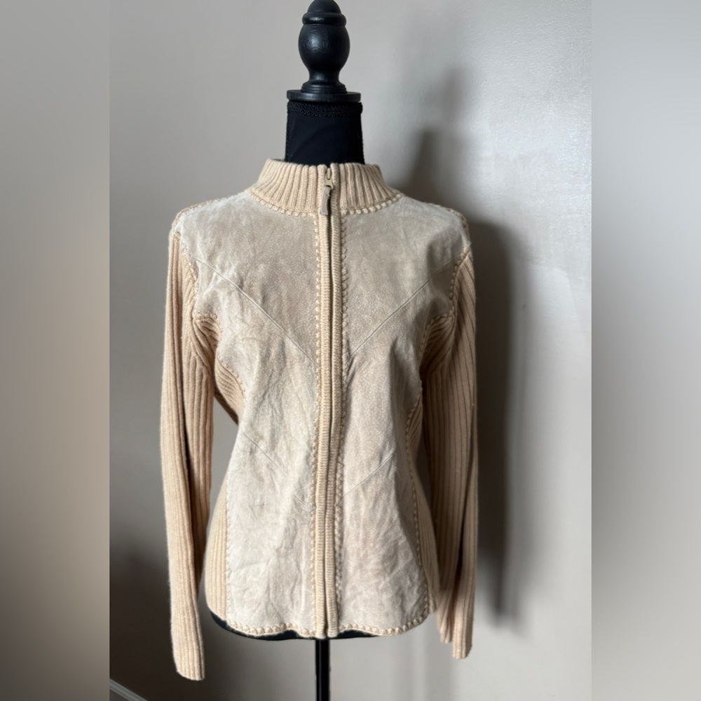 DESIGNERS ORIGINALS vintage suede & knit full zip sweater jacket sz M tan EUC